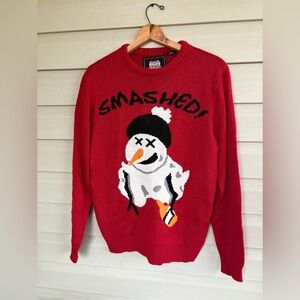 Funny Christmas Holiday sweater SMASHED snowman drinking novelty crew party sz M